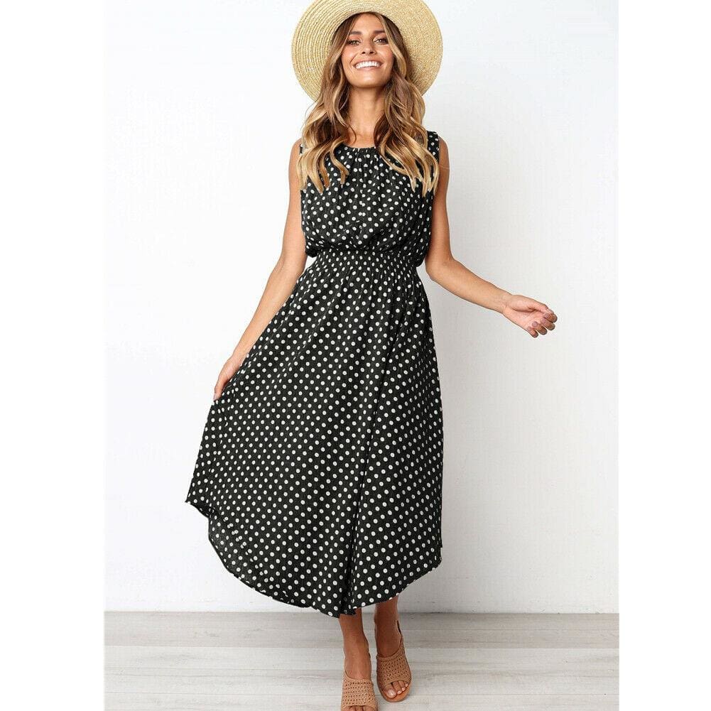 Boho Sleeveless Midi Dress Polka Dot Fashion Summer Party High Waist O-Neck Holiday Beach Dress Sundress