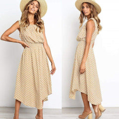Boho Sleeveless Midi Dress Polka Dot Fashion Summer Party High Waist O-Neck Holiday Beach Dress Sundress