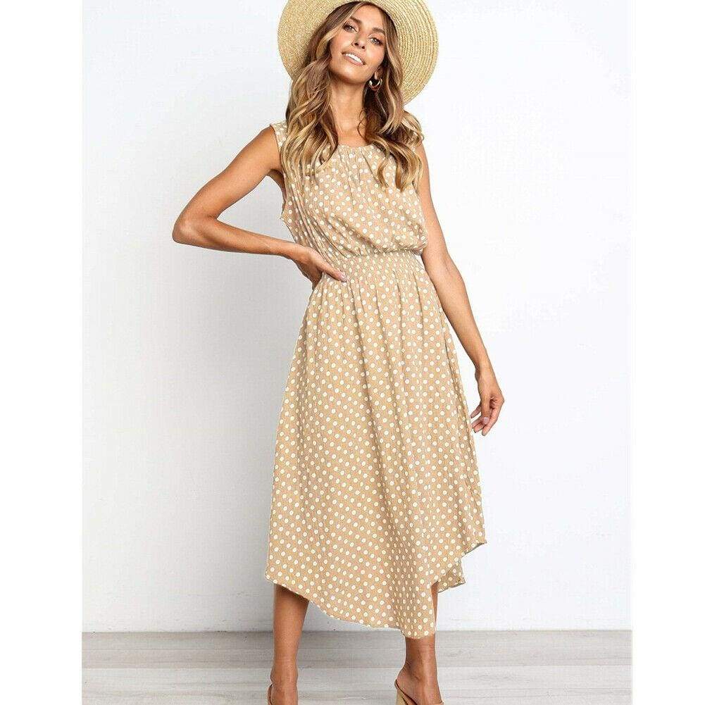 Boho Sleeveless Midi Dress Polka Dot Fashion Summer Party High Waist O-Neck Holiday Beach Dress Sundress