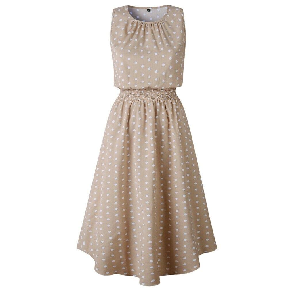 Boho Sleeveless Midi Dress Polka Dot Fashion Summer Party High Waist O-Neck Holiday Beach Dress Sundress