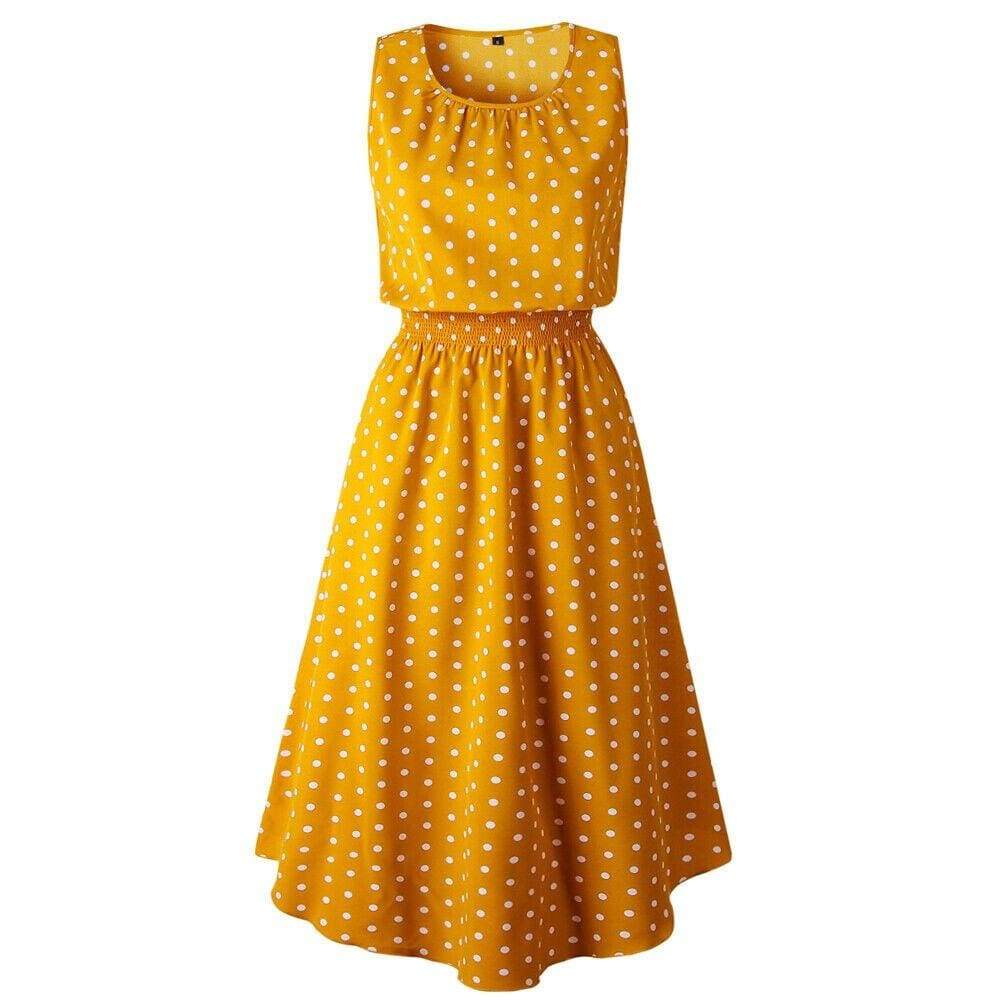 Boho Sleeveless Midi Dress Polka Dot Fashion Summer Party High Waist O-Neck Holiday Beach Dress Sundress