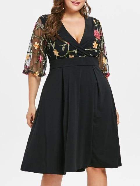Dress V Neck High Waist See Through Sleeves Vintage Plus Size