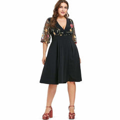 Dress V Neck High Waist See Through Sleeves Vintage Plus Size