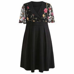 Dress V Neck High Waist See Through Sleeves Vintage Plus Size