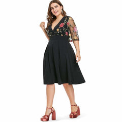 Dress V Neck High Waist See Through Sleeves Vintage Plus Size