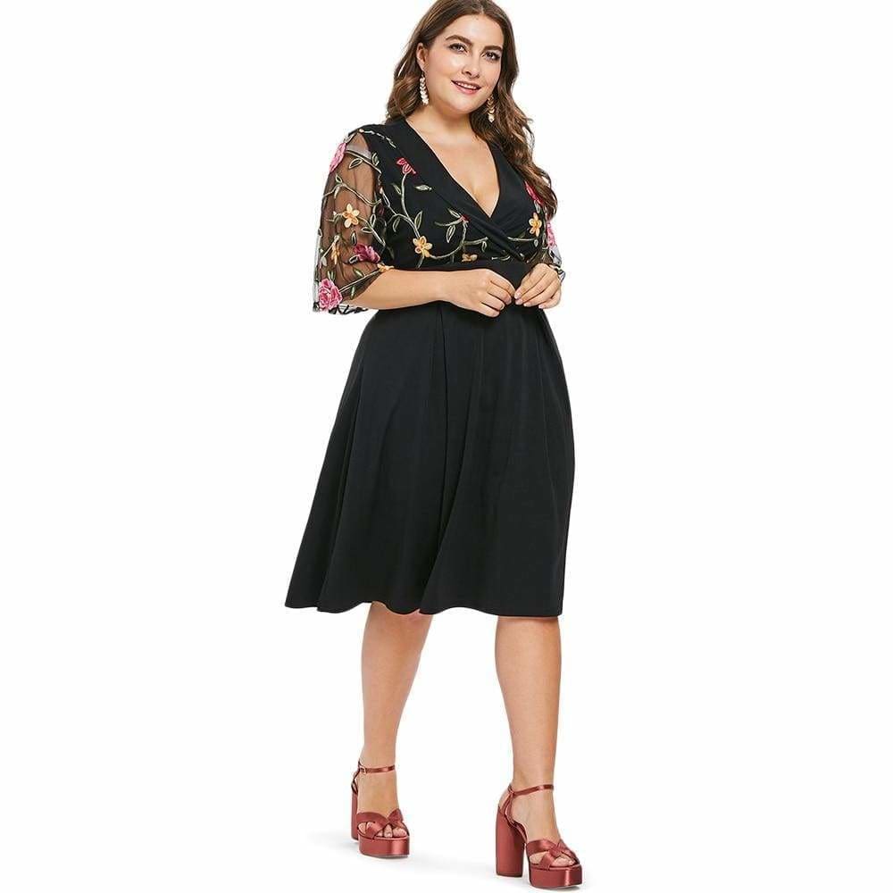Dress V Neck High Waist See Through Sleeves Vintage Plus Size
