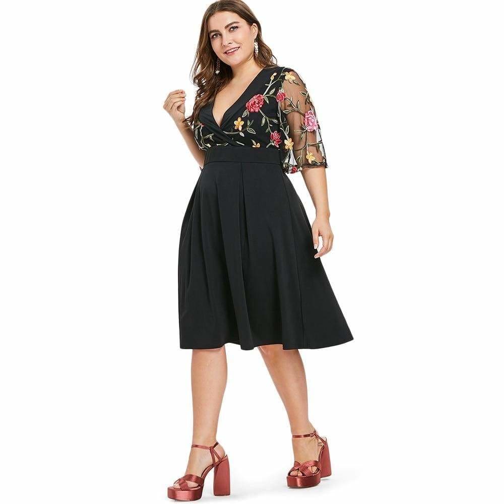 Dress V Neck High Waist See Through Sleeves Vintage Plus Size