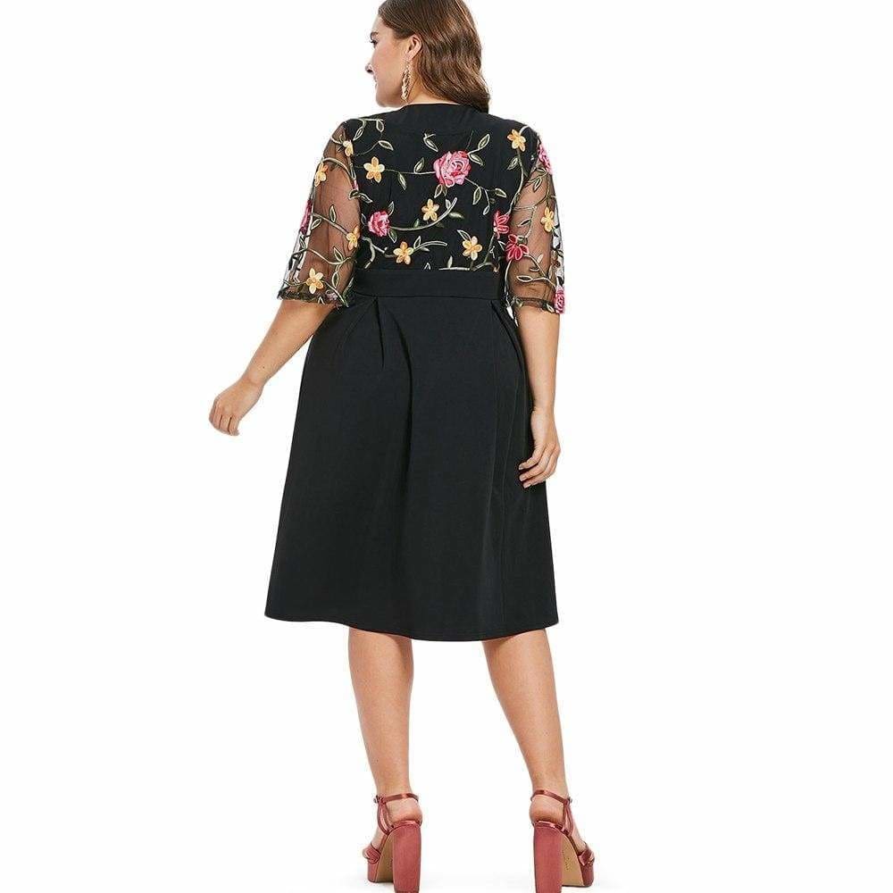 Dress V Neck High Waist See Through Sleeves Vintage Plus Size