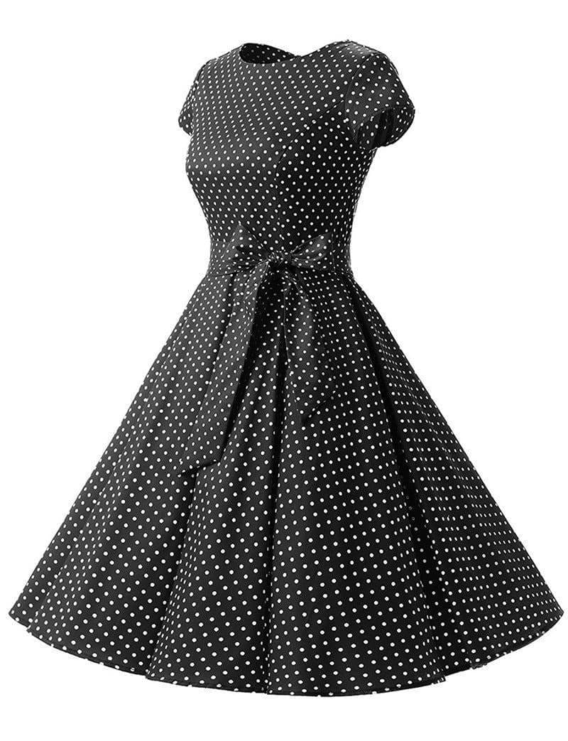 Dress Vintage Printed Dot A-Line O-Neck Bow Sashes