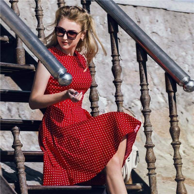 Dress Vintage Printed Dot A-Line O-Neck Bow Sashes