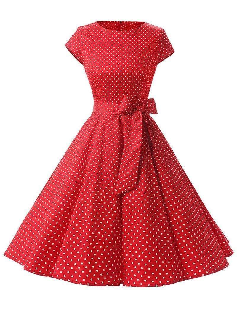 Dress Vintage Printed Dot A-Line O-Neck Bow Sashes