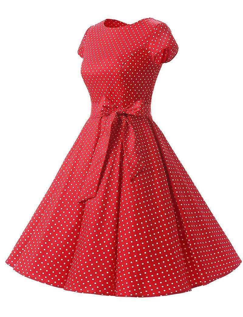 Dress Vintage Printed Dot A-Line O-Neck Bow Sashes
