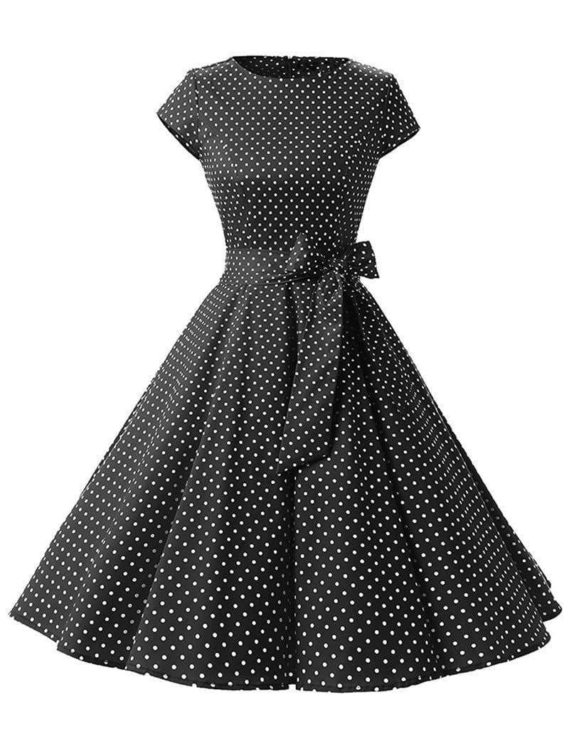Dress Vintage Printed Dot A-Line O-Neck Bow Sashes
