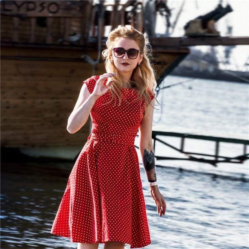 Dress Vintage Printed Dot A-Line O-Neck Bow Sashes