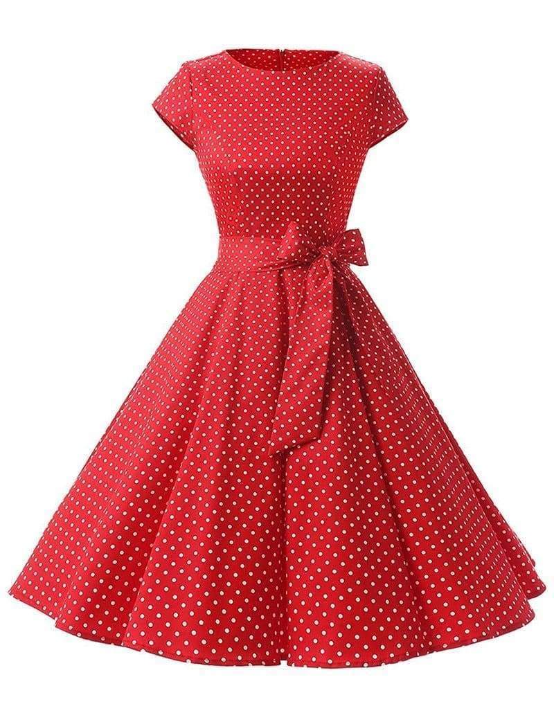 Dress Vintage Printed Dot A-Line O-Neck Bow Sashes