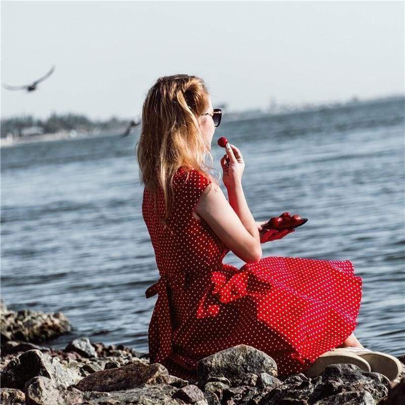 Dress Vintage Printed Dot A-Line O-Neck Bow Sashes