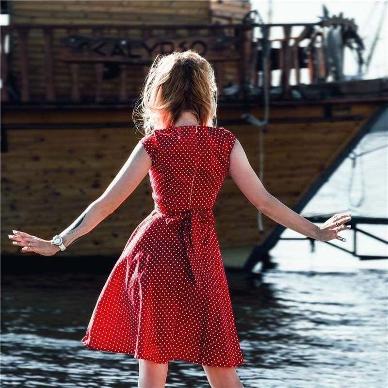 Dress Vintage Printed Dot A-Line O-Neck Bow Sashes