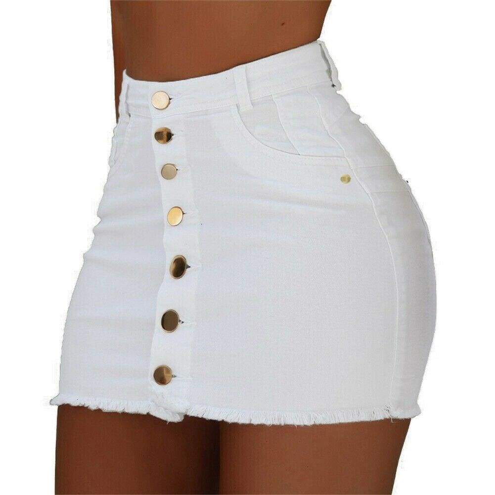High Waist Button Skirt Denim Jean Bodycon Casual Party A-line Short Stretch Mini Dress