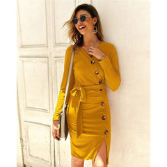 Knitted Sweater Bodycon Dress New Ladies Casual V-neck Button Autumn Winter Elegant Jumper Dress