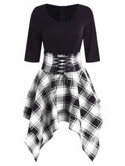 Lace Up Plaid Asymmetrical Dress O-Neck