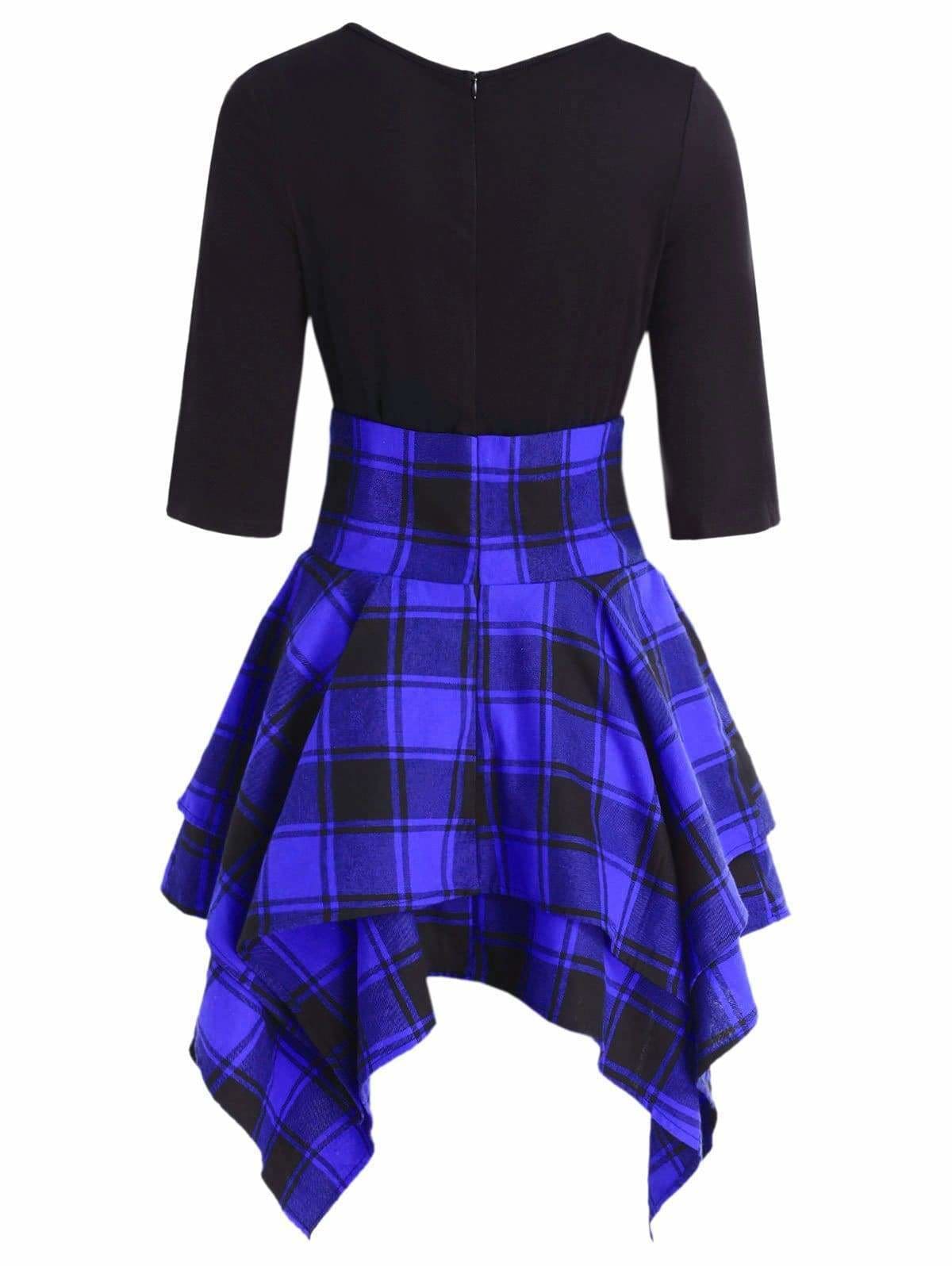 Lace Up Plaid Asymmetrical Dress O-Neck