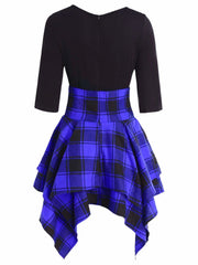 Lace Up Plaid Asymmetrical Dress O-Neck