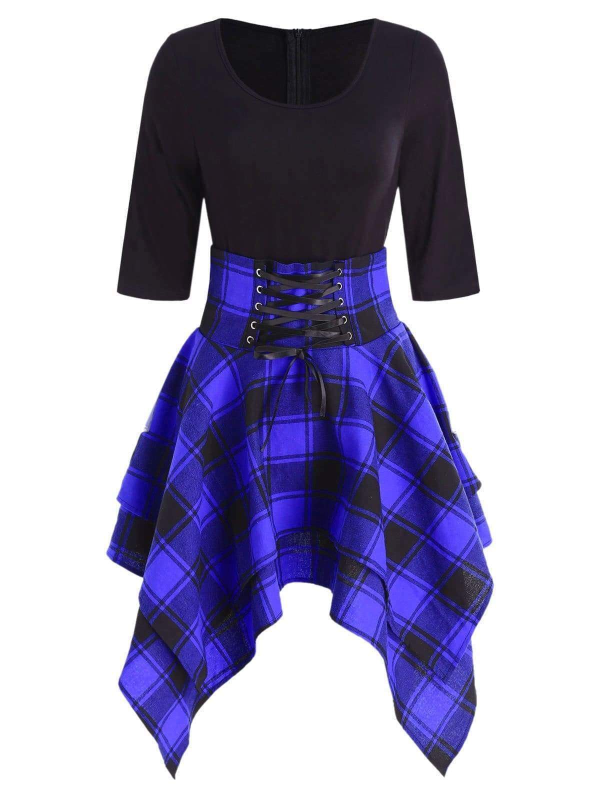 Lace Up Plaid Asymmetrical Dress O-Neck