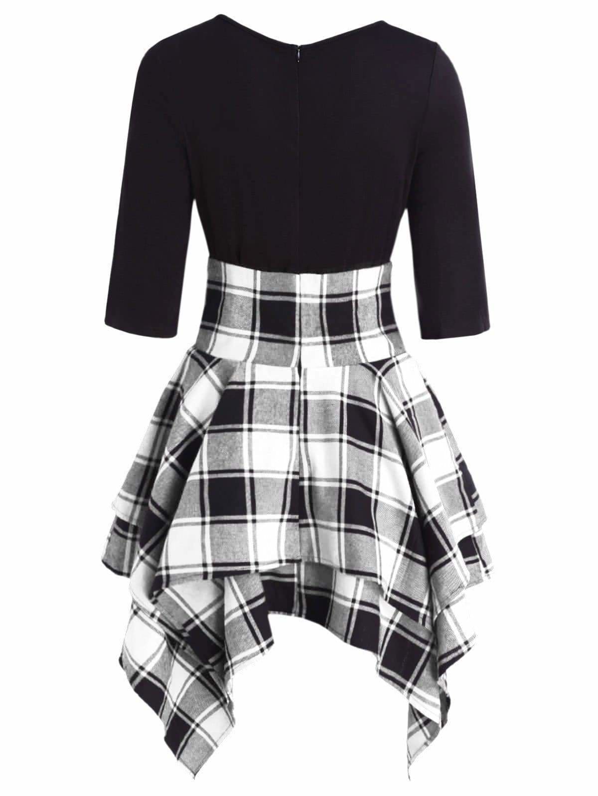 Lace Up Plaid Asymmetrical Dress O-Neck