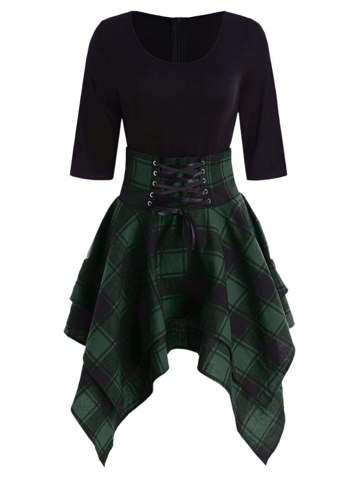 Lace Up Plaid Asymmetrical Dress O-Neck
