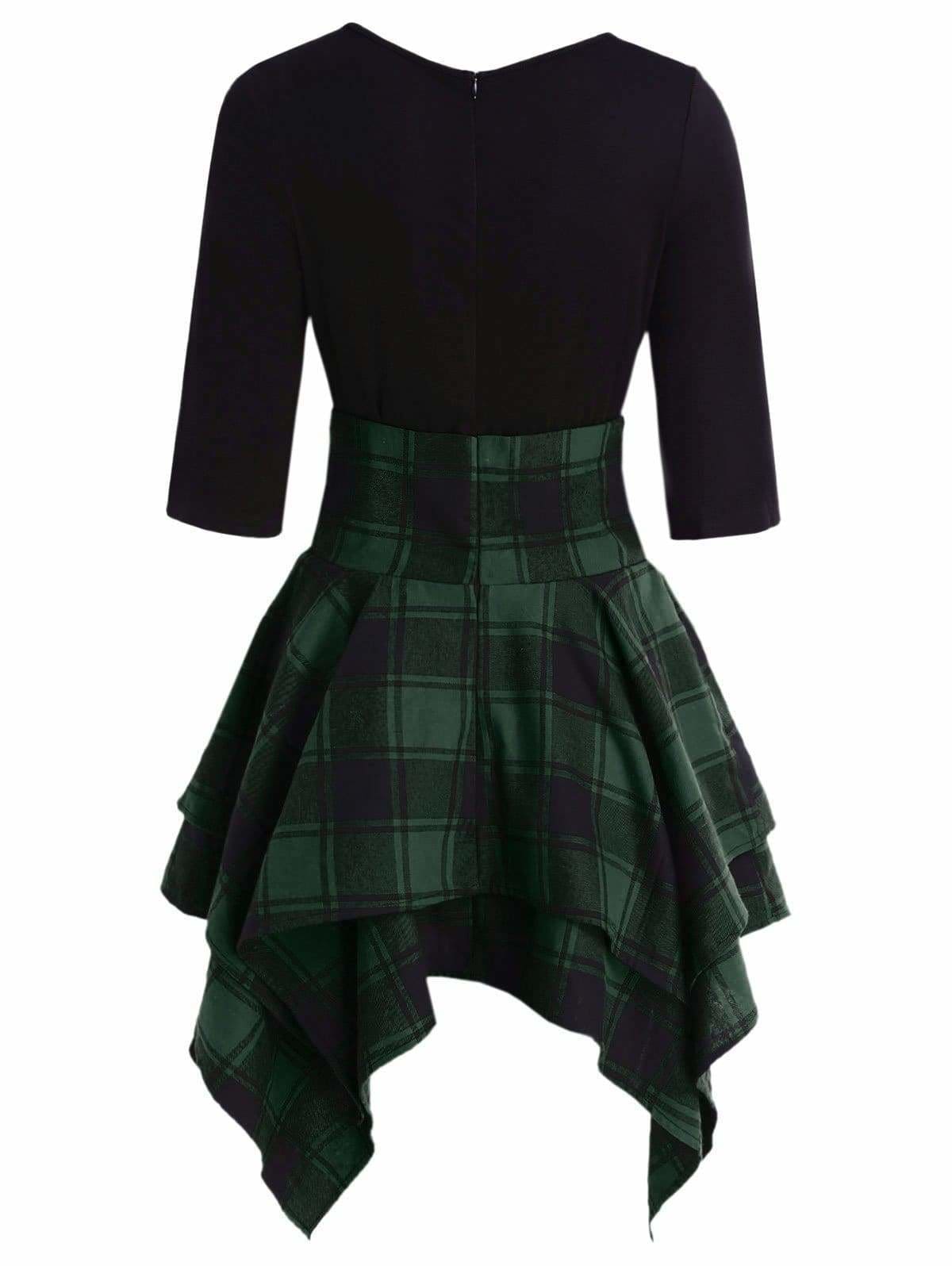 Lace Up Plaid Asymmetrical Dress O-Neck