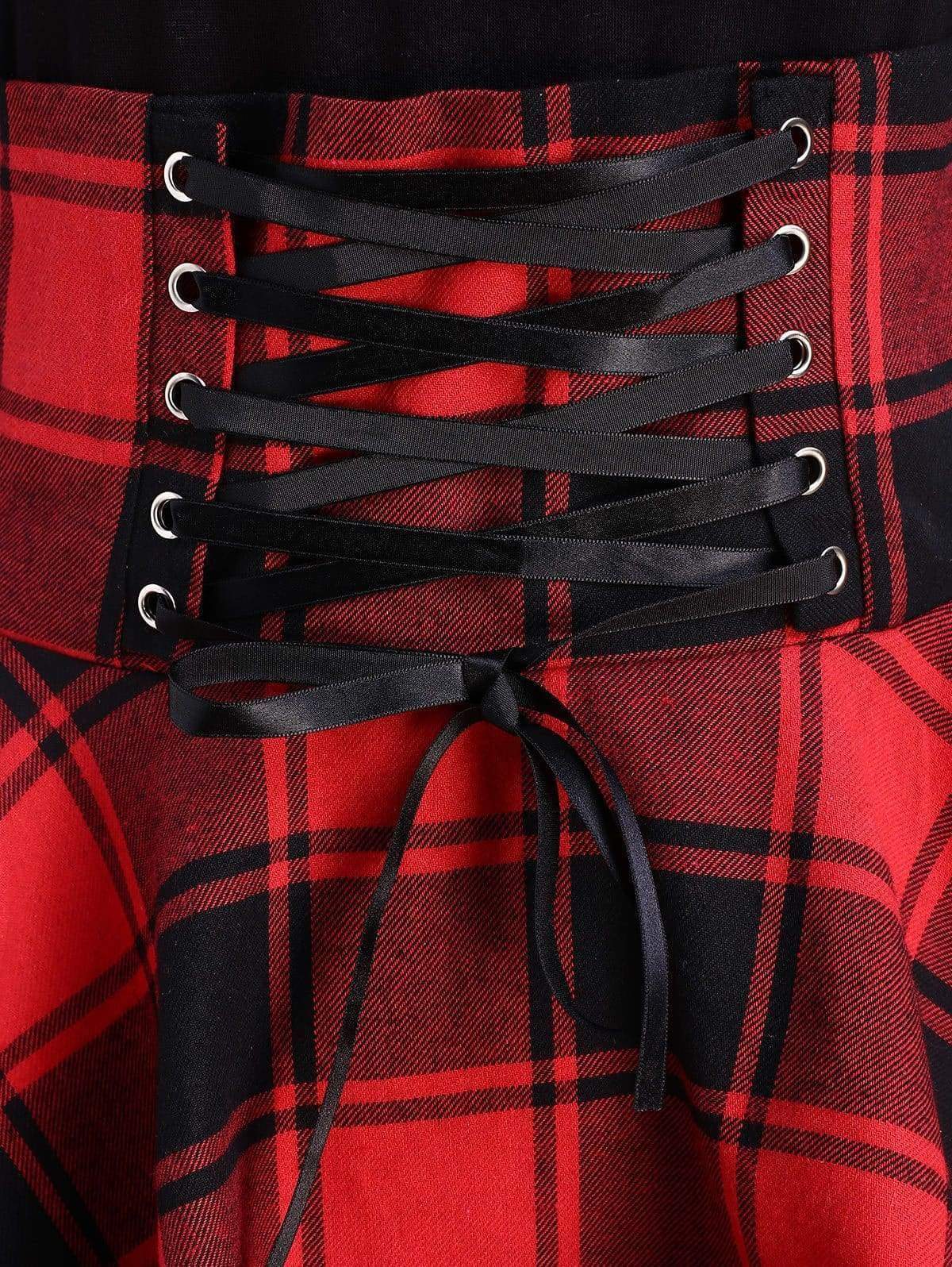 Lace Up Plaid Asymmetrical Dress O-Neck