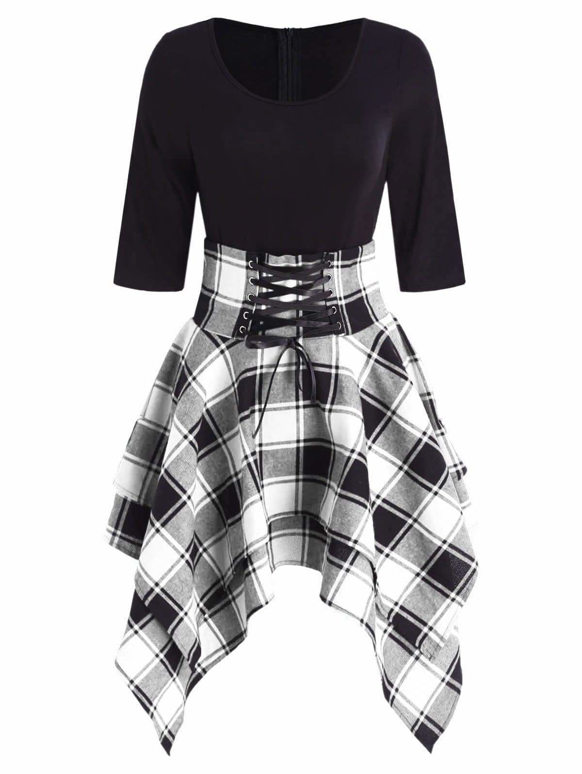 Lace Up Plaid Asymmetrical Dress O-Neck