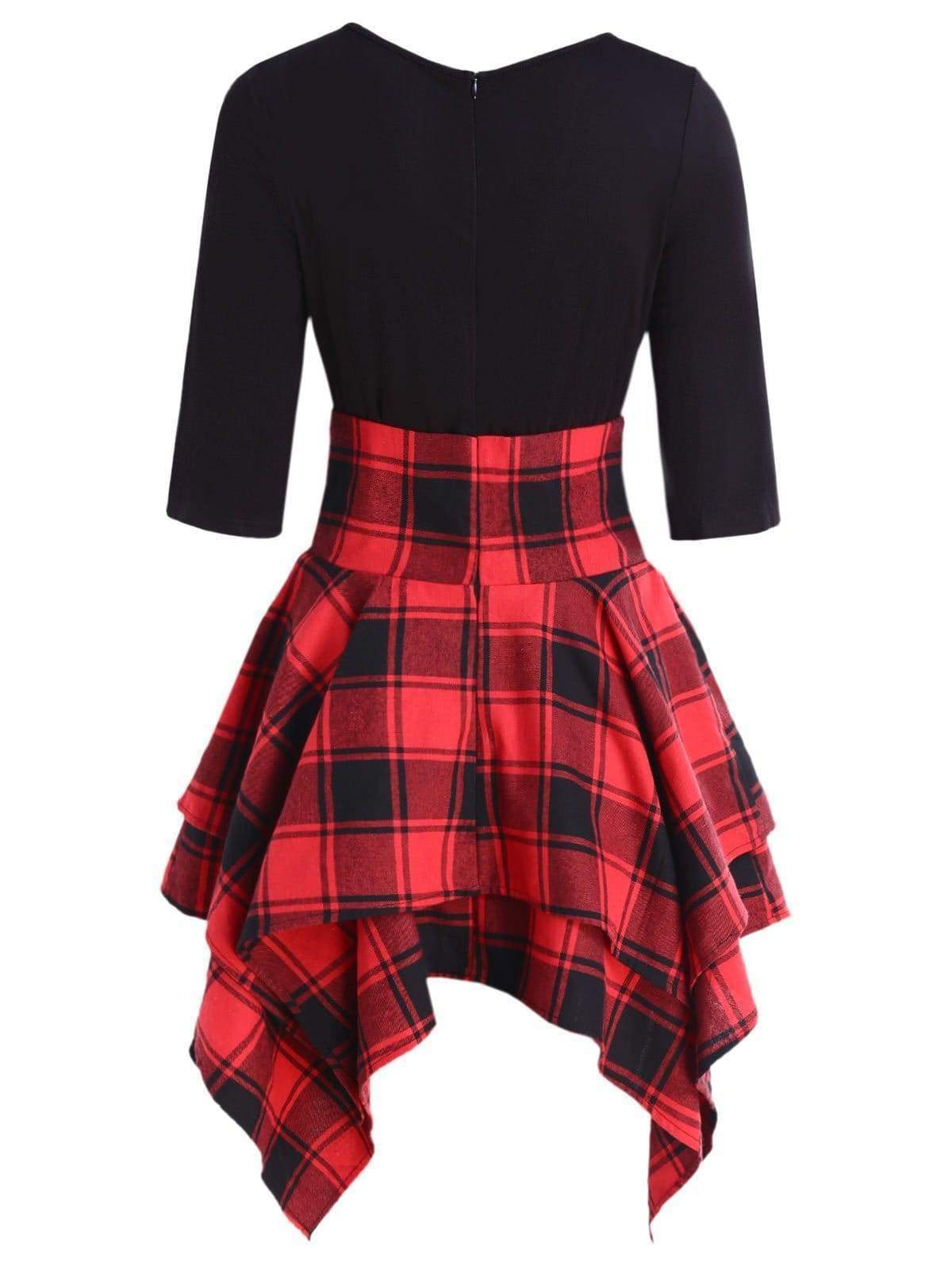 Lace Up Plaid Asymmetrical Dress O-Neck
