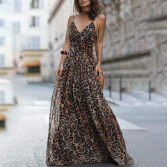 Leopard Print Sleeveless Maxi Long Dress Fashion Ladies Party V Neck Summer Beach Dress Sundress