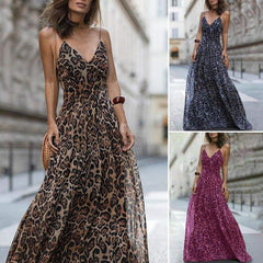 Leopard Print Sleeveless Maxi Long Dress Fashion Ladies Party V Neck Summer Beach Dress Sundress