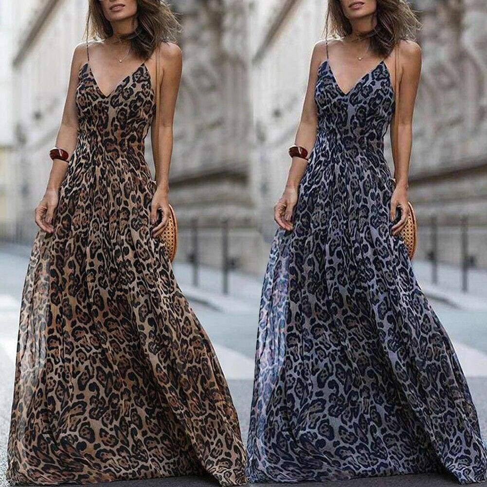 Leopard Print Sleeveless Maxi Long Dress Fashion Ladies Party V Neck Summer Beach Dress Sundress
