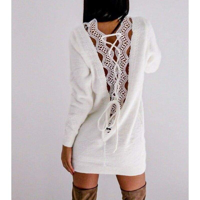 Long Sleeve Knitted Sweater Mini Dress Fashion Autumn Winter Lady Backless Party Club Casual Jumper Dress