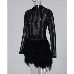 Long Sleeve Sheer Mesh Faux Fur Dress Ladies Turtleneck Bodycon Cocktail Club Party Mini Dress