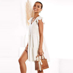 Loose Summer Dress Short Sleeve V Neck Mini Casual vintage dress