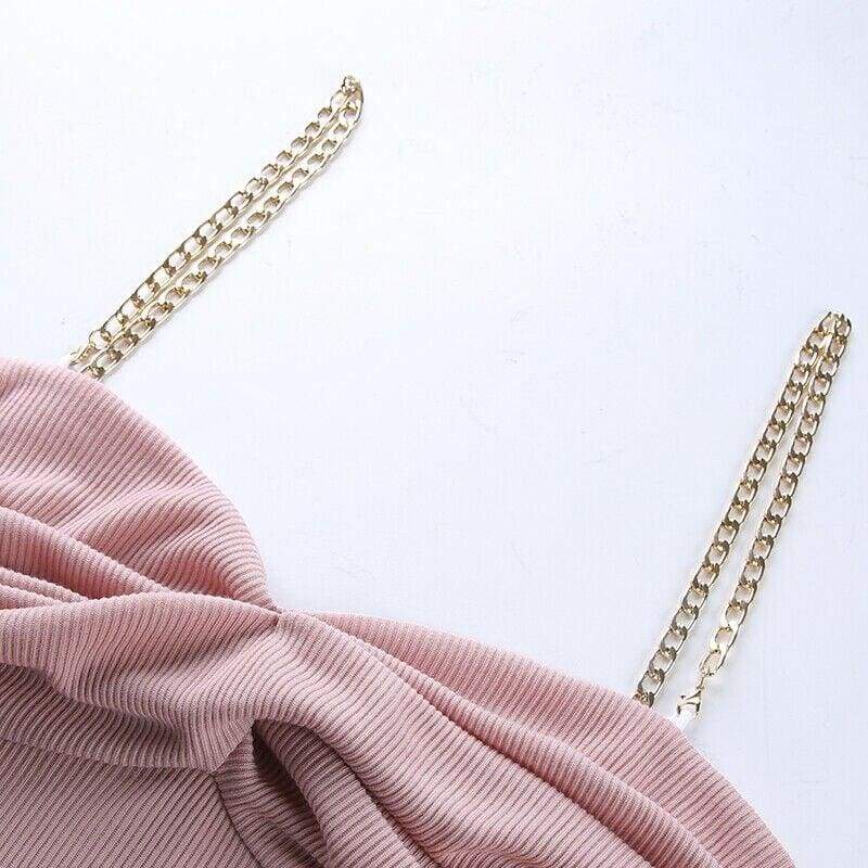 Plain Detachable Metal Chain Solid Strappy Party Package Hip Mini Dress Stretch Sling Casual Dress