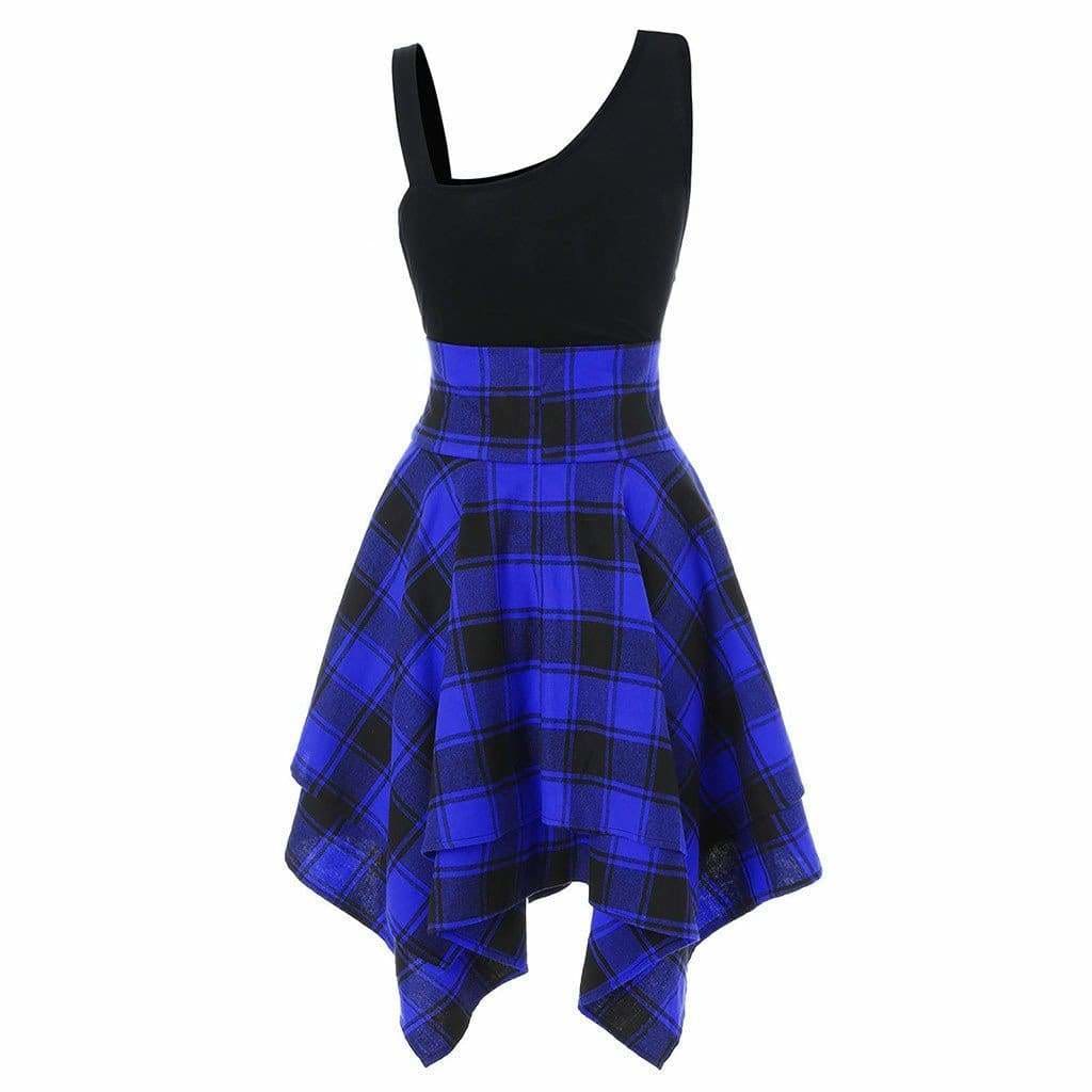 Sleeveless Cold Shoulder Cross Lace Up Plaid Asymmetrical Dress