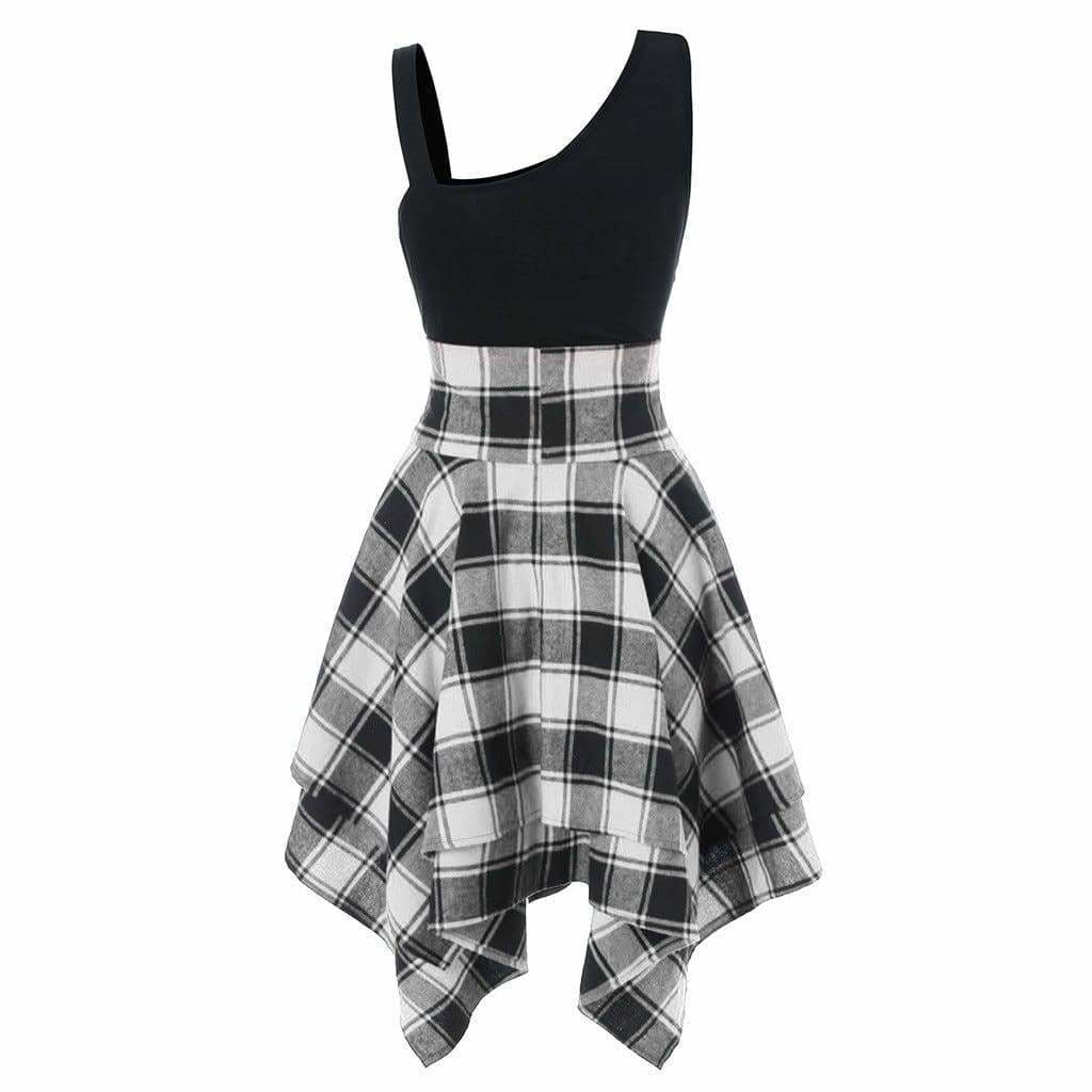 Sleeveless Cold Shoulder Cross Lace Up Plaid Asymmetrical Dress