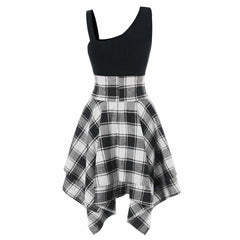 Sleeveless Cold Shoulder Cross Lace Up Plaid Asymmetrical Dress