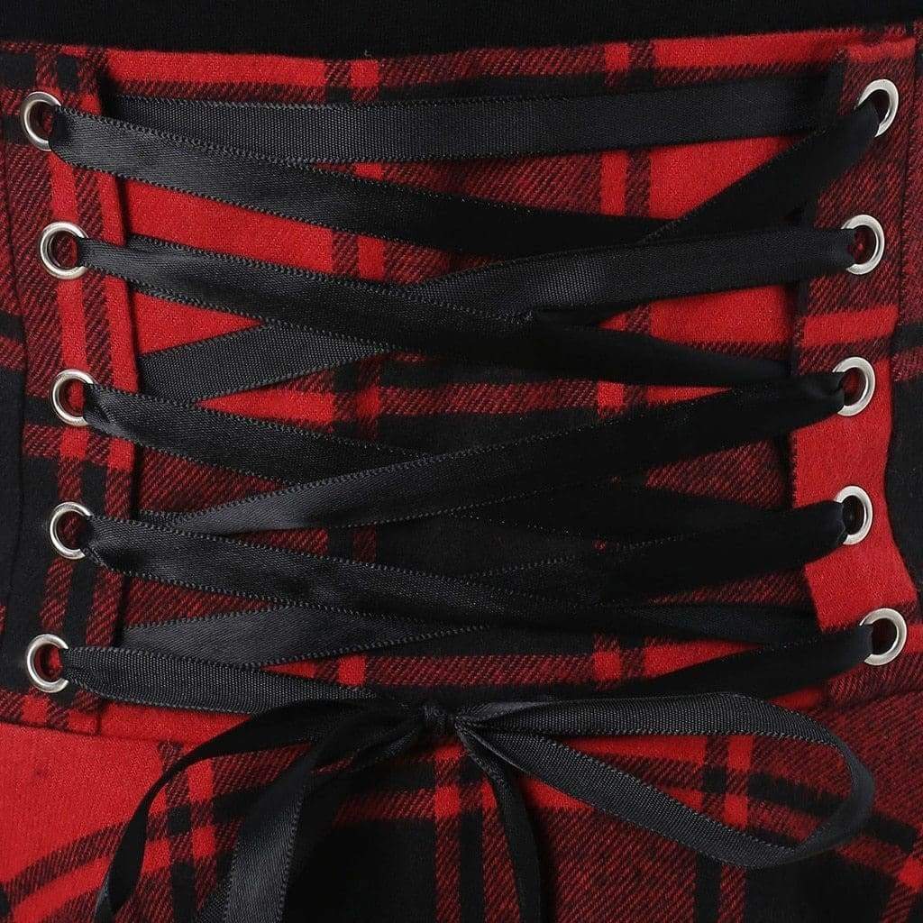 Sleeveless Cold Shoulder Cross Lace Up Plaid Asymmetrical Dress