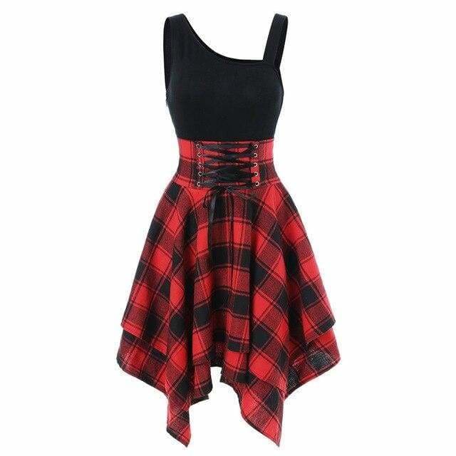 Sleeveless Cold Shoulder Cross Lace Up Plaid Asymmetrical Dress