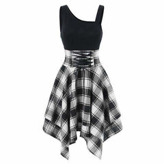 Sleeveless Cold Shoulder Cross Lace Up Plaid Asymmetrical Dress