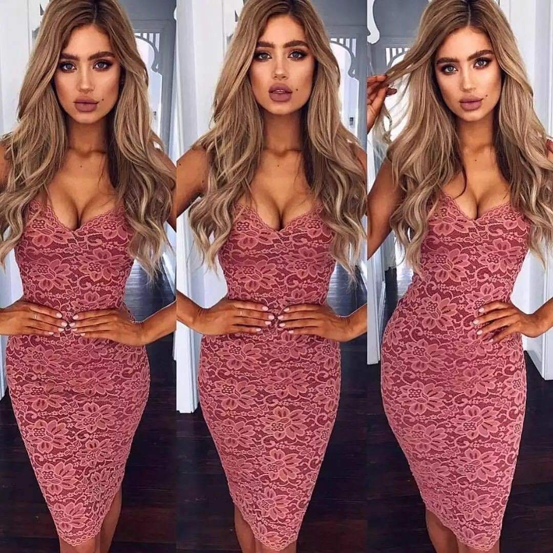 Summer Lace Elegant Party Bodycon Dress Ladies V-Neck Spaghetti Strap Knee-Length WomenFormal Dress