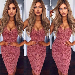Summer Lace Elegant Party Bodycon Dress Ladies V-Neck Spaghetti Strap Knee-Length WomenFormal Dress