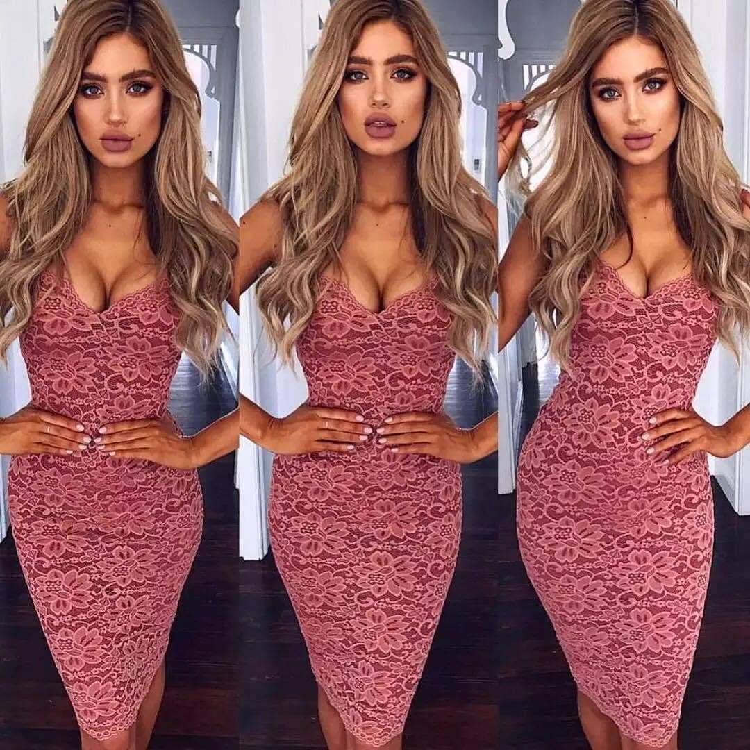 Summer Lace Elegant Party Bodycon Dress Ladies V-Neck Spaghetti Strap Knee-Length WomenFormal Dress