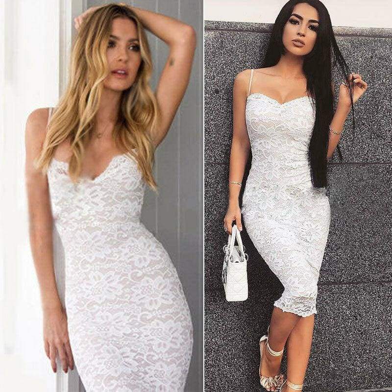 Summer Lace Elegant Party Bodycon Dress Ladies V-Neck Spaghetti Strap Knee-Length WomenFormal Dress